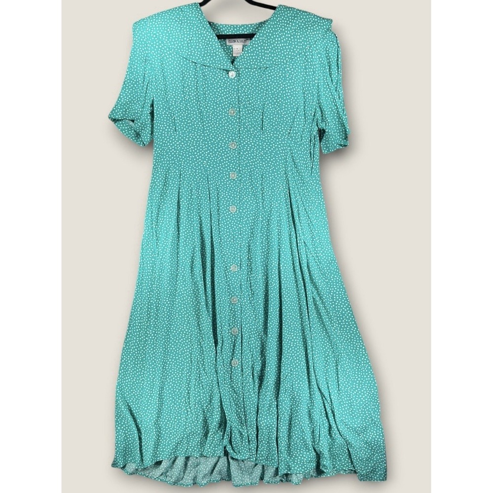 Vintage Ellen Ashley Polka Dot Dress Sz 14 Green White Rayon‎ Button Up Midi